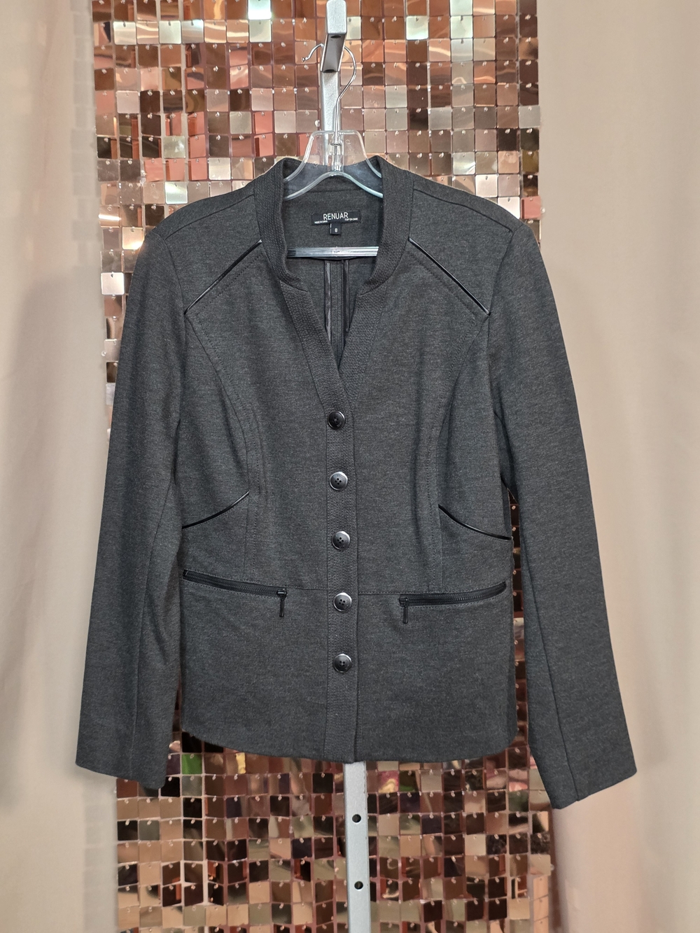 Renuar Charcoal Grey Faux Leather Trim Button Jacket - Size 8